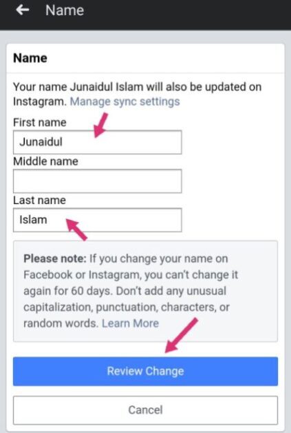 how to change names on facebook